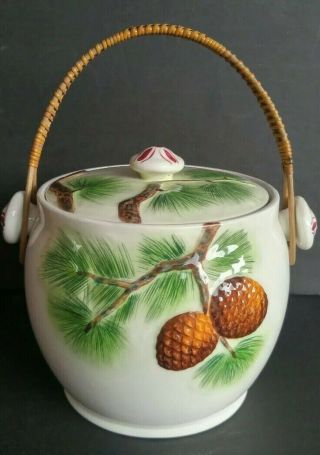 Vintage PY Japan Ceramic Robin Pinecone Lidded Biscuit Cookie Jar w/ Handle 2