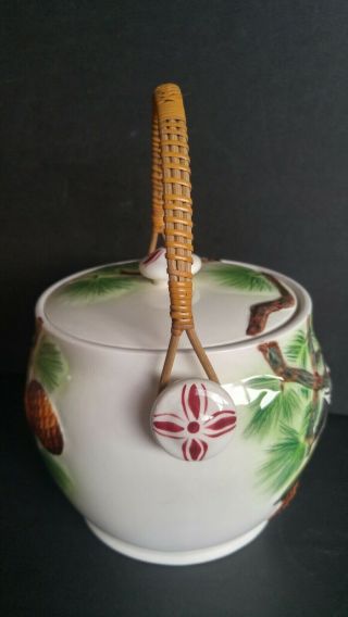 Vintage PY Japan Ceramic Robin Pinecone Lidded Biscuit Cookie Jar w/ Handle 3
