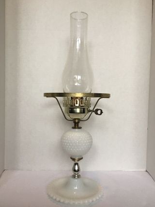 Vintage 19 1/2 " White Milk Glass Hobnail Hurricane Electric Lamp No Cord