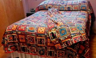 Vtg Fabric Bedspread & Drapes South Western Native American Indian Quilt Design