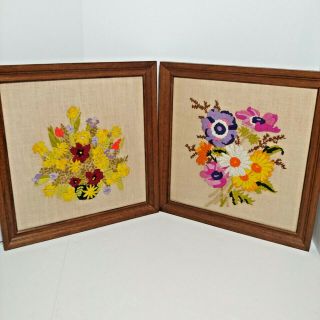 Set Of Vintage Completed Crewel Embroidery Floral Bouquets Flowers Vase 1970 
