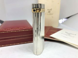 Auth Cartier 1 - Point Sapphire Godron Striped Oval Lighter W Case Silver Briquet