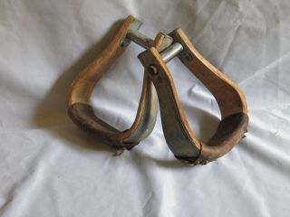 Vintage Western Horse Stirrups Wood With Metal And Leather
