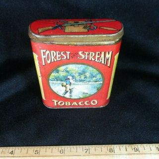 Vintage Forest And Stream Pocket Tobacco Tin W/ Creel,  Gun,  Rod Lid,