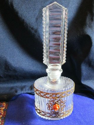 Vintage Metal Encased Art Deco Style Crystal Vanity Perfume Bottle With Stopper