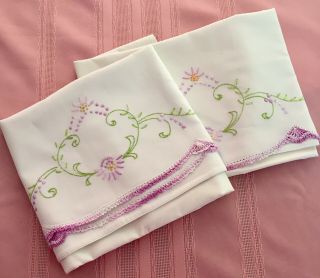 Vintage Pair Pillowcases Embroidered Purple Crocheted Flowers Purple Yellow