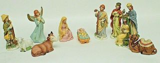 Vintage 11 Piece Porcelain Nativity Set With Hand Painted Figurines Up To 6 " H.