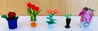 Lundby Dollhouse Vintage Group Of 5 Vases With Flowers