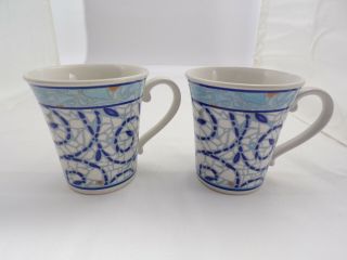 Pair Vintage Pfaltzgraff " Monaco " Coffee Mugs Rare Blue Mosaic Pattern 14 Oz.