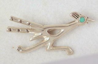 Vintage Navajo Sand Cast Sterling Silver Turquoise Road Runner Pin
