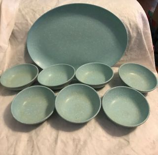 Melamine Vintage Oval 13 X 10 Platter Blue Speckled Confetti With 7 Sm Bowls