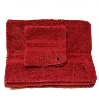 Vtg Ralph Lauren Polo Pony Red Bath Towel & Wash Cloth Face Cloth 100 Cotton