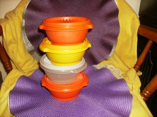 Vintage Tupperware Set Of 4 Servalier 10 Oz Bowls & Lids Yellow Gray Rust Orange
