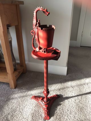 Rare Antique Cast Iron Dragon Smoking Stand Ash Tray 1920 