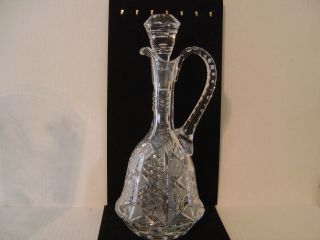 Vintage Hobstars And Diamond Cut Glass Decanter With Stopper And Handle 13 "