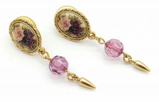 Vintage Victorian Style Rose Floral Cameo Gold Tone Earrings Pink Bead Dangle