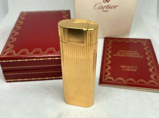 Auth Cartier K18 Gold - Plated Godron Striped Lighter Gold W Box,  Case & Paper