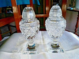 Vintage Hand Cut Crystal Salt & Pepper Shakers Tall Footed Glass Caps Diamond