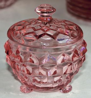 Pink Cube Cubist Jeannette 3 - Toed Powder Jar With Lid Depression Glass Vintage