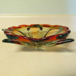 Vintage Murano? Hand Blown? Glass Red Aqua Color Scalloped Pointed Edge Bowl