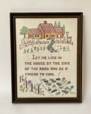 Vintage Cross Stitch Embroidery Complete Sampler Framed Let Me Live In The House