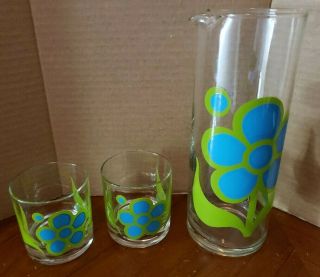 Colony Glassware Juice Set Pitcher And 2 Tumblers - Blue Green Floral Hippie Vtg