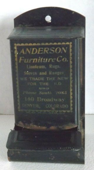 Antique Anderson Furniture Co Denver Colorado Advertising Wall Match Holder Safe
