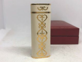 Rare Auth Cartier Limited Model Ivory Gold Design Lacquer Oval Lighter W Case