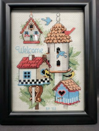 Vtg.  Bird Houses Spring Completed Counted Cross Stitch No Frame 5×7 Handmade