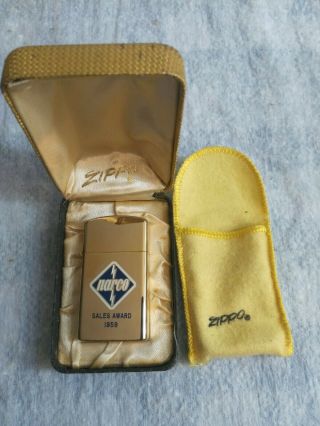 Vintage Narco Sales Award 10k Gold Filled Zippo Slim Lighter 1959 Case & Sleeve