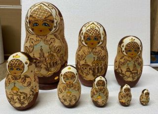 Set Of 8 Vtg Matryoshka Wooden Hand Painted Nesting Dolls Ceprueb Nocag