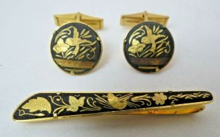 Vintage 24k Gold Inlaid Spanish Damascene Cufflinks & Tie Bar From Toledo Spain
