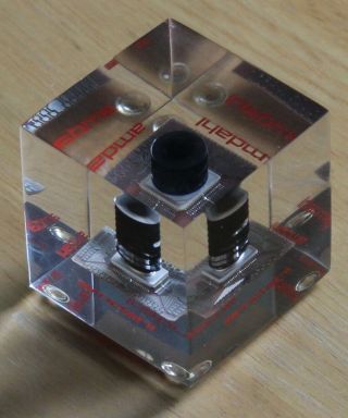 Amdahl Cpu Chip With Cooling Tower In Solid Plexiglass Paperweight
