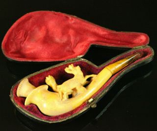 Natural Antique Old Carved Meerschaum Pipe With Baltic Amber In Org Case C130