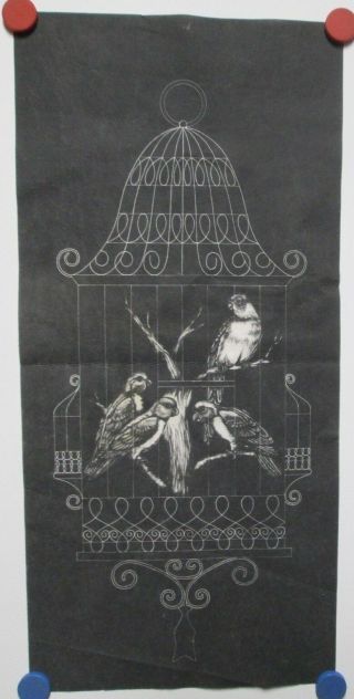 Vintage Tri Chem Picture To Paint Felt Usa Poster Bird Cage 4 Birds Black Velvet