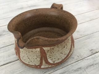 Vintage Handmade Clay Pottery Pitcher Squat Brown Gray Speckles Signed M Design