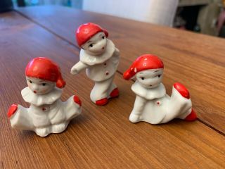 Vintage Bone China Three - Piece Miniature Pierrot Clown Figurines With Red Accent