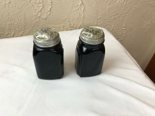 Vintage McKee Black Glass Roman Arch Art Deco Salt Pepper Shaker Set 3