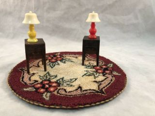 Vintage Renwal Miniture Dollhouse Plastic Side Tables Red Yellow Lamp Floral Rug