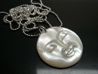 Vintage Moon Face Carved Mother Of Pearl Shell 925 Pendant Necklace Sp 24 " Chain