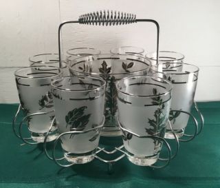 Vintage Libbey Frosted Silver Leaf Glasses And Ice Bucket With Carrying Caddy
