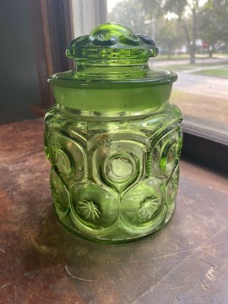 Vintage Le Smith Moon And Stars Green Glass Canister With Lid 7”