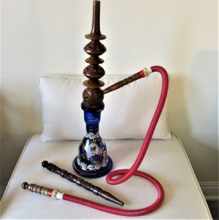 Rare Vintage Persian Hookah With Glass Base In Cobalt Blue Color Hand Painted