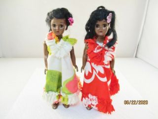 1950s Vintage 7 1/2 " Hard Plastic Island Brown Skinned Dolls Hawaiian Dress