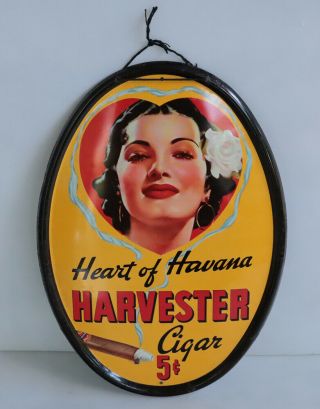 1940s Oval Harvester Heart Of Havana Cigar Litho Sign With Lady Tobacco Smoking