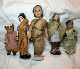 8 - 12” Vintage Set Of 5 Dolls From India Handmade Papier - Mâché Cloth Painted B1