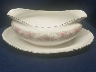 Vintage Style House Pompadour Fine China Gravy Boat With Attached Tray Japan