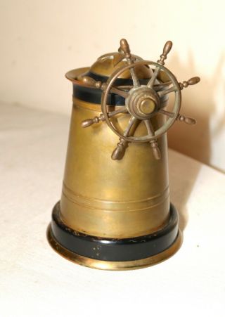 Antique Brass Nautical Ship Wheel Lighthouse Figural Cigarette Cigar Ashtray Jar