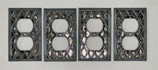 4 Vintage Mother Of Pearl Standard Outlet Cover Plate Diamond Pattern Cast Metal