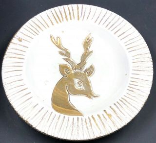 Vintage Italy Reindeer Dish Plate Handpainted Ceramic Cream & Gold 6.  25 "